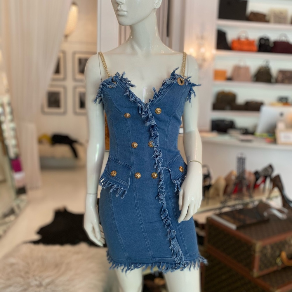 Denim dress with gold chain straps